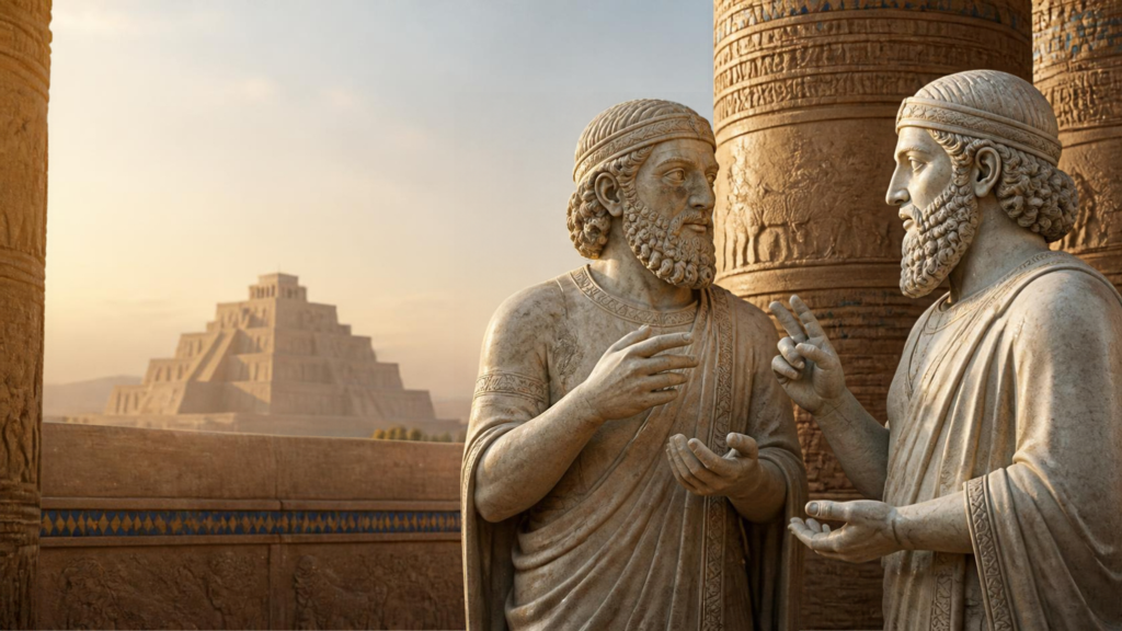 Codex Hammurabi - Gebarentaal al in mesapotanie. AI gegenereerrd beeld